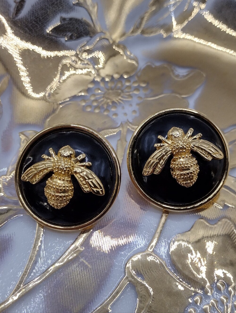 Joan Rivers Classics Collection Black and Gold Bee Button Pierced Earrings